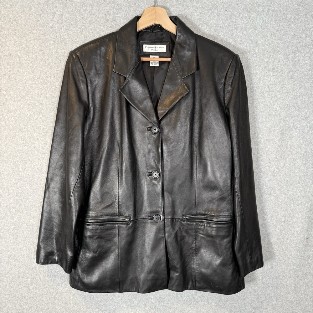 Preston & York Leather Blazer Jacket Womens Petite Large Black Vintage 90s Soft